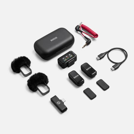 RODE Wireless Micro Camera Kit - zestaw, bezprzewodowy system audio, 2x mikrofon krawatowy (USB-C + 3.5mm TRS do aparatu, 24-bit) - zawartość